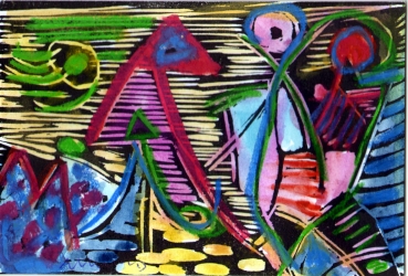 Hennig, Albert. Abstrakte Komposition. Farbkreide über einem Holzschnitt (01251)