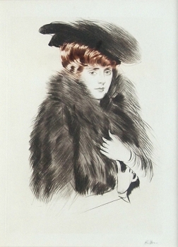 Helleu, Paul César. Elegante Dame mit Hut und Pelzmantel. (00057)