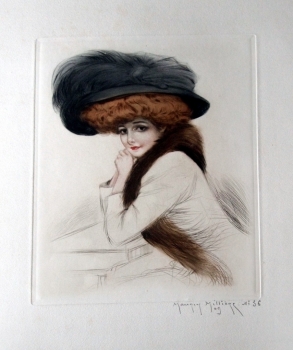 Millière, Maurice. Portrait einer Dame mit Pelzkragen und schwarzem Hut. (00342)