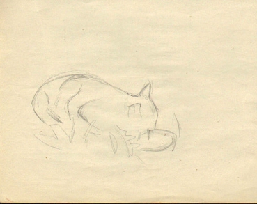Wohlwill, Gretchen. Katze vor dem Schälchen. (01031)
