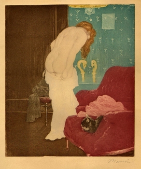 Maurin, Charles. Nu de dos, fond bleu, fauteuil rouge. (01141)