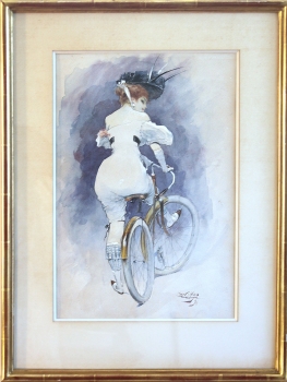 Happel, Carl. Aquarell Gouache.  Elégantes à bicyclettes -  (Elegante Dame mit Fahrrad) (01820)