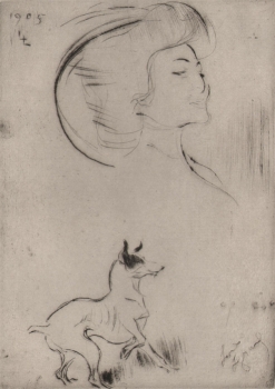 Legrand, Louis - Radierung auf Original Pellet et Legrand Künstler Bütten - Studienblatt Frau und Hund - Signiert - Pellet-Stempel (00263