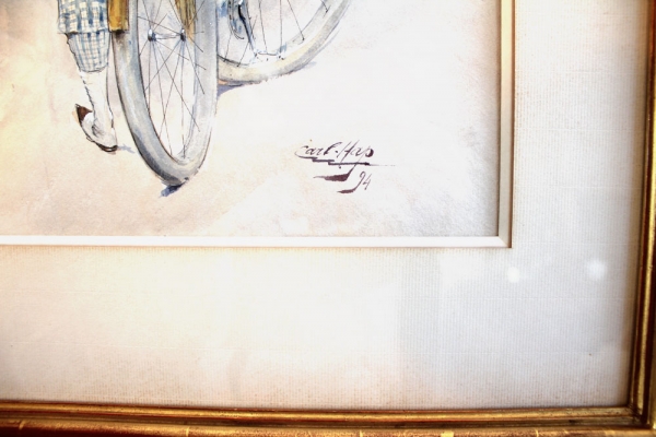 Happel, Carl. Aquarell Gouache.  Elégantes à bicyclettes -  (Elegante Dame mit Fahrrad) (01820)