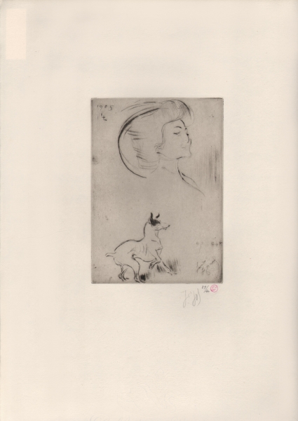 Legrand, Louis - Radierung auf Original Pellet et Legrand Künstler Bütten - Studienblatt Frau und Hund - Signiert - Pellet-Stempel (00263