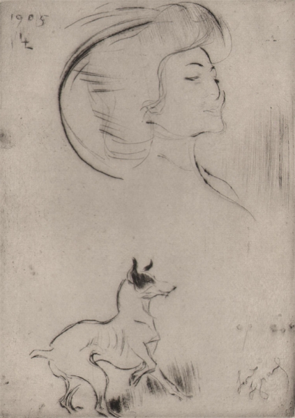 Legrand, Louis - Radierung auf Original Pellet et Legrand Künstler Bütten - Studienblatt Frau und Hund - Signiert - Pellet-Stempel (00263